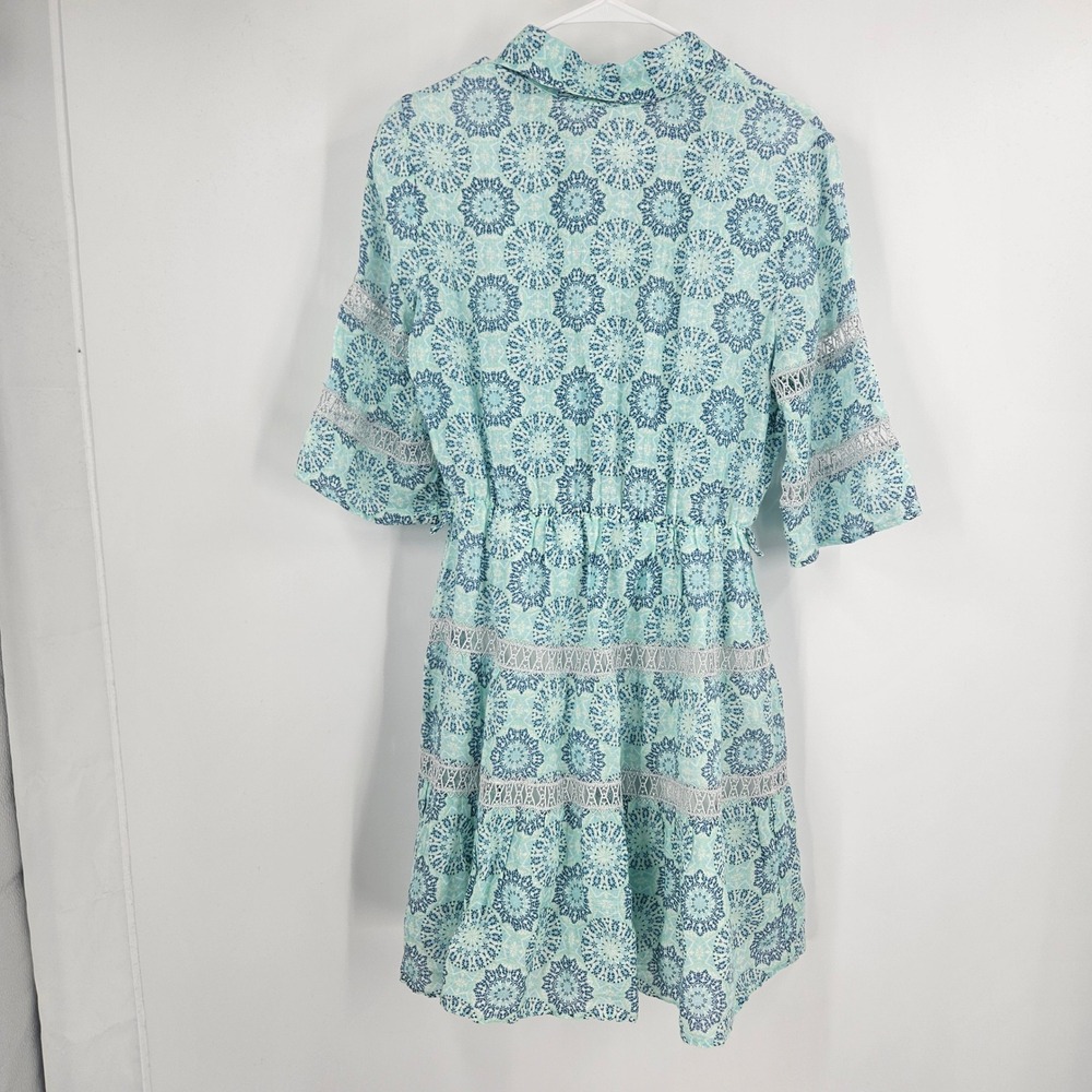 Temptation Positano Puebla Linen Dress Green Blue Medallion Lace Trim Mini Sz S - Picture 3 of 13